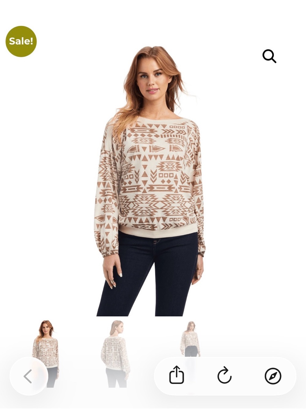 Ariat Large Cream & Tan Aztec Print Boatneck Long Sleeve Shirt